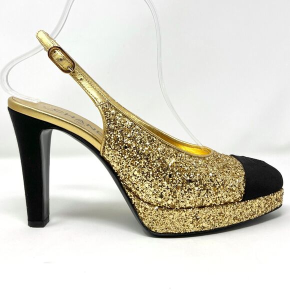 Chanel 2021 Slingback Gold Glitter Platform Cap Toe Pumps – Size 38 - Picture 3 of 10